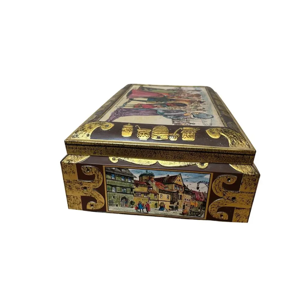 Vintage E. Otto Schmidt Nürnberg Germany Lebkuchen Tin Box Medieval Scenes 16”
